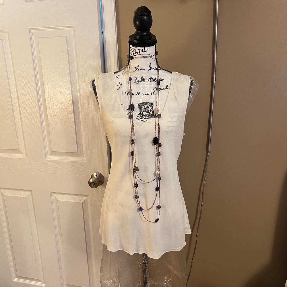 $195 Theory Women's Scoop-Neck Sleeveless  Draped Cowl- Ivory L